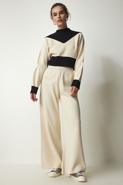 Happiness İstanbul Women's Cream Block Color Pullover Pants Stylish Knitwear Suit CI00089