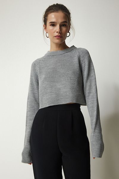 Happiness İstanbul Women's Gray Crew Neck Crop Knitwear Sweatshirt MC00240