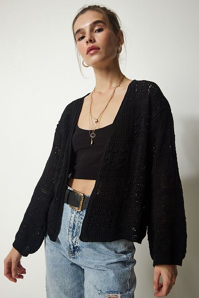 Happiness İstanbul Cardigan din tricot texturat cu căptușeală neagră de damă CI00092