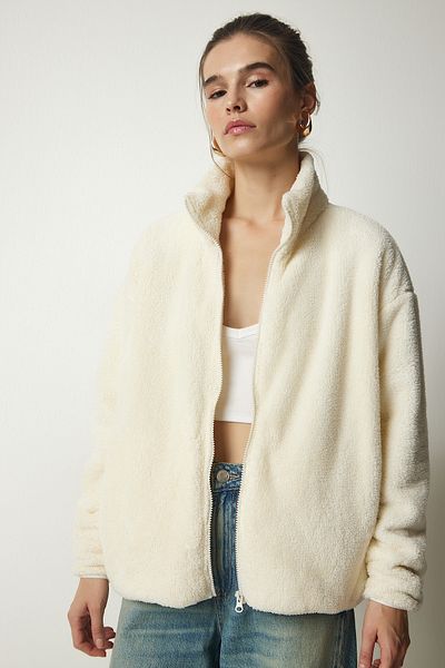Happiness İstanbul Women's Ecru Zippered Plush Cardigan UB00196