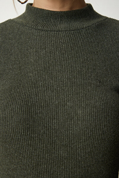 Happiness İstanbul Kadın Koyu Haki Dik Yaka Yırtmaçlı Kaşkorse Elbise UB00198