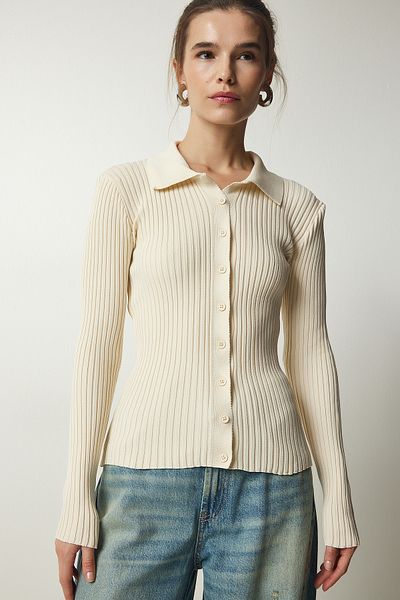 Happiness İstanbul Pulover crem din tricot cu coaste cu nasturi FN03116