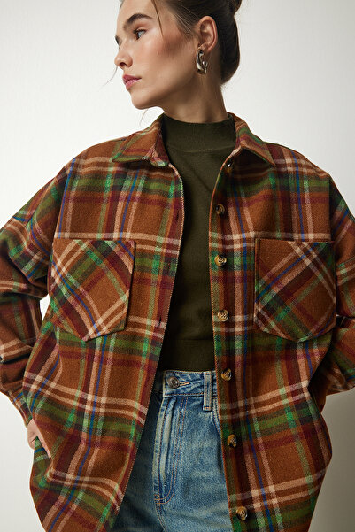 Happiness İstanbul Női keksz zöld mintás nagyméretű, bélyegzett favágó ing TU00034