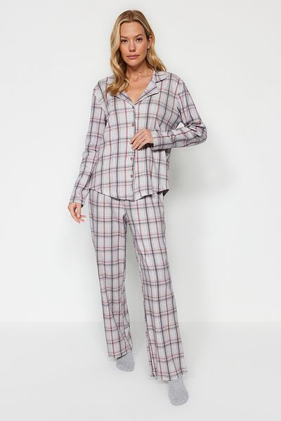 Trendyol Collection 100% pamut kockás ing és nadrág pizsama szett - szürke többszínű THMAW24PT00248
