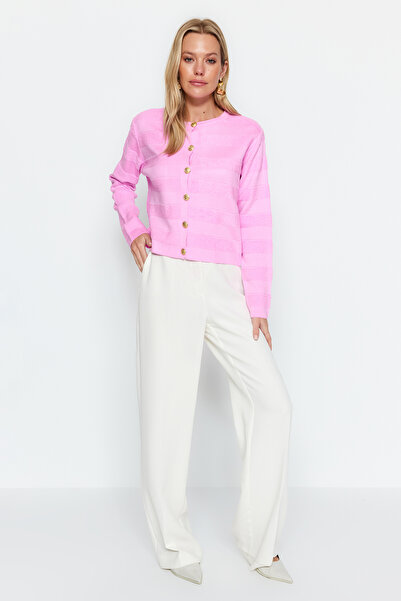 Trendyol Collection Tricotaj roz cu guler rotund Cardigan - Aspect jachetă TWOAW24HI00337