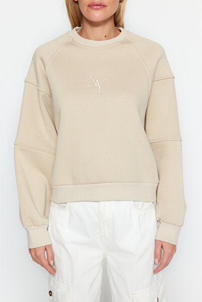 Trendyol Collection Kamienny dekolt w serek Regularny krój haftowany gruby polar wewnątrz bluza z dzianiny TWOAW24SW00199