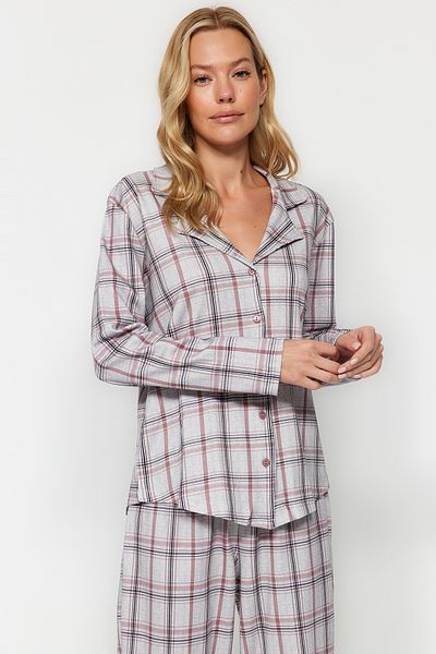 Trendyol Collection 100% pamut kockás ing és nadrág pizsama szett - szürke többszínű THMAW24PT00248