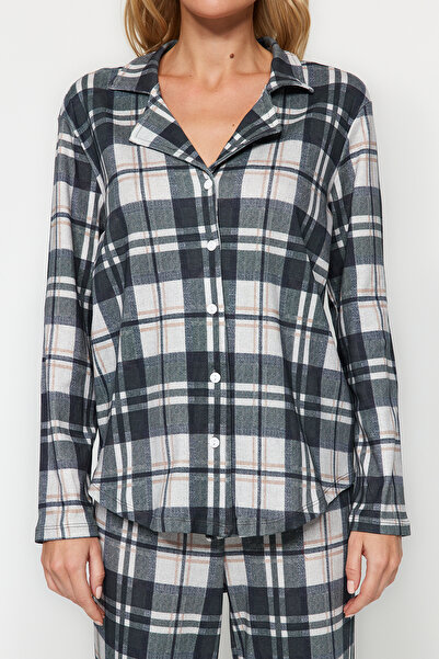 Trendyol Collection Vícebarevná 100% bavlna Kostkovaná košile-kalhoty Pletená sada pyžama THMAW24PT00251