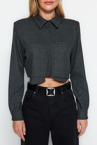 Trendyol Collection Cămașă țesută crop cu buzunar asimetric, antracit TWOAW24GO00225