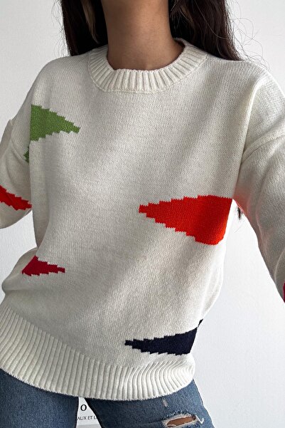 FEMELLE Pulover de damă, alb, nou sezon, multicolor, detaliat, mărime standard, tricotaj supradimensionat