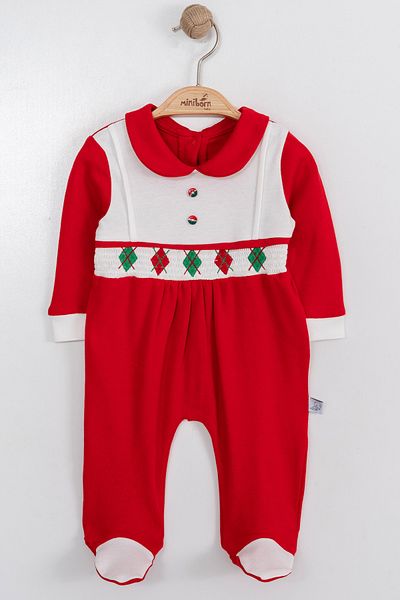 MİNİBORN NEW BORN UNISEX LONG SLEEVE RED BUTTON DETAILED JUMPSUIT
