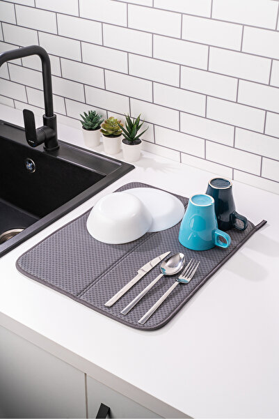 HOMELKA Mikrotex Bulaşık Matı Süper Emici Bulaşık Kurutma Matı 45x36cm Tezgah Üstü Bulaşık Matı Antrasit