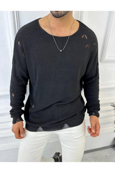 elkumoda سترة محبوكة من القطن الطبيعي بتفاصيل ممزقة ومقطوعة بالليزر