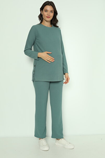 Miss Dünya Lissa طقم بدلة رياضية للحوامل والأمهات بأزرار جانبية باللون الأخضر