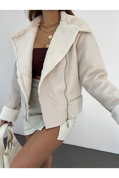 LB Laluna Butik Női motoros bőrdzseki gallérral és mandzsetta részlettel, belső szőrmével