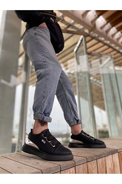 BOA BA0329 3 Bant Siyah Tabanlı Gümüş Detaylı Kalın Taban Casual Erkek Ayakkabı
