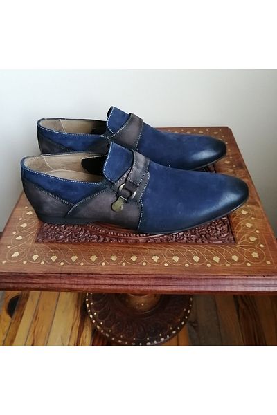 Butik Tülin Unisex genuine leather nubuck navy blue coffee shaded combination buckle soft rubber sole loafer shoes