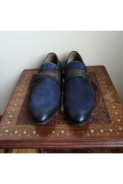 Butik Tülin Unisex genuine leather nubuck navy blue coffee shaded combination buckle soft rubber sole loafer shoes