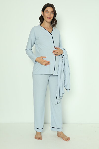 Miss Dünya Lissa Bebe Mavisi Önden Düğmeli Uzun Sabahlıklı Hamile ve Lohusa Pijama Takımı