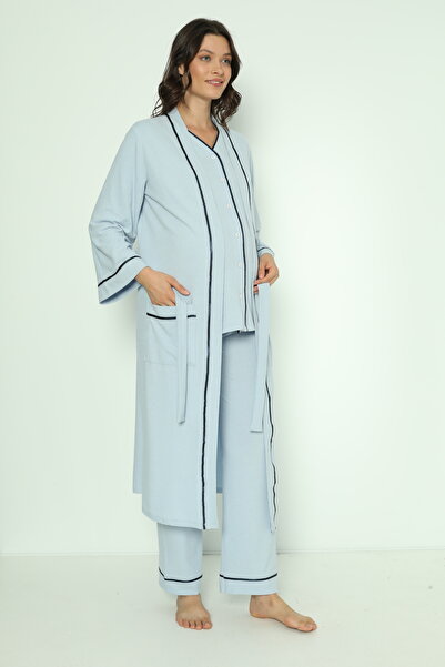 Miss Dünya Lissa Bebe Mavisi Önden Düğmeli Uzun Sabahlıklı Hamile ve Lohusa Pijama Takımı
