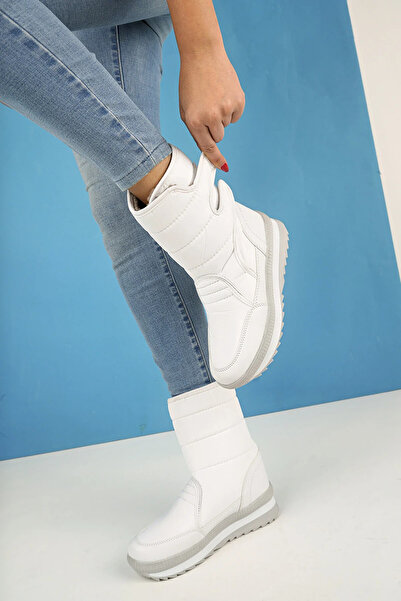 İncim ® |Wintfest Kadın Beyaz İçi Kürk Kaydırmaz Termal Taban Cırtlı Çizme Günlük Yağmur & Kar Botu