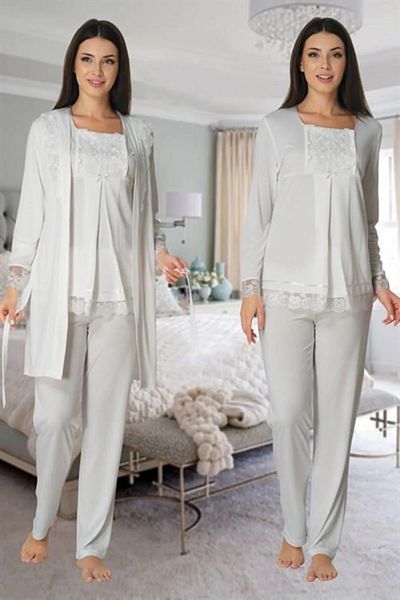 BLACKMORE Women's Ecru Ornate Lace Cotton Maternity Dressing Gown 3-Piece Maternity Pajamas Set