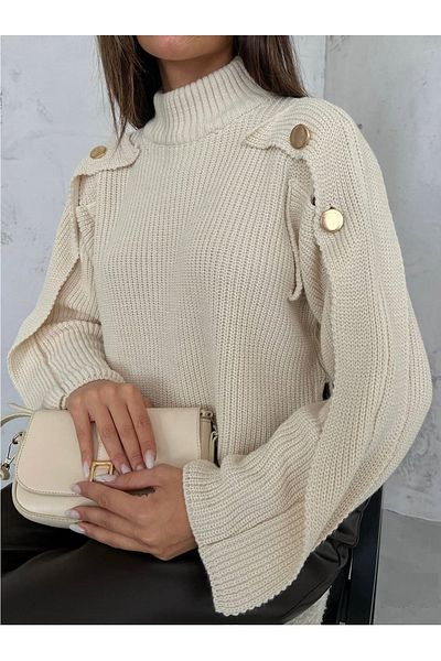 lovebox New Season Oversize Women's Sweater - Button Detail, BLCKF23W16028