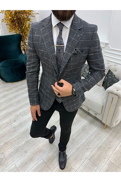 LONATOLİA Men's Square Plaid Italian Cut Slim Fit Jacket