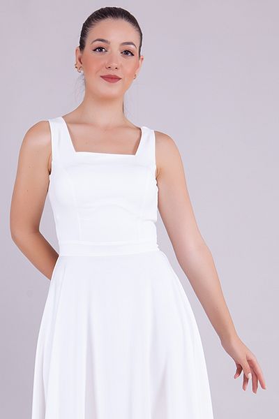 bayansepeti Atlas Fabric Square Collar Thick Strap Maxi White Evening Dress 413