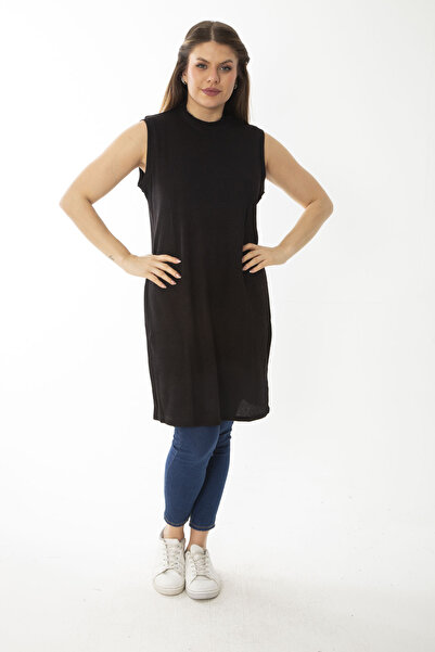 Şans Dámská velká černá košilka Látkový límec ke krku Dlouhá halenka bez rukávů 65N37096