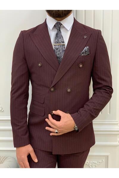 LONATOLİA Erkek Çizgili Kruvaze Takım Elbise İtalyan Kesim Slim Fit Ceket Pantolon-Bordo