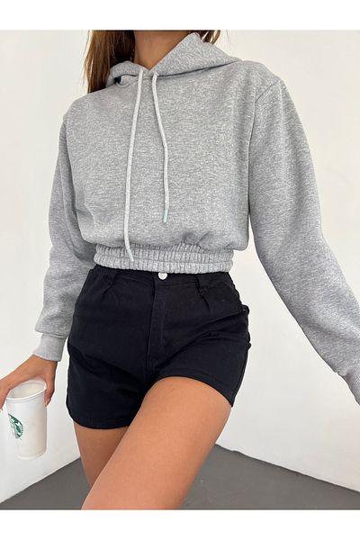 Fav Style Women's Hooded Long Sleeve Three Thread Raster Crop Sweatshirt Gray