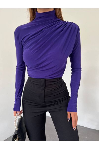 Fav Style Bluză de damă cu guler înalt, cu umeri și talie, cu mânecă lungă, mov