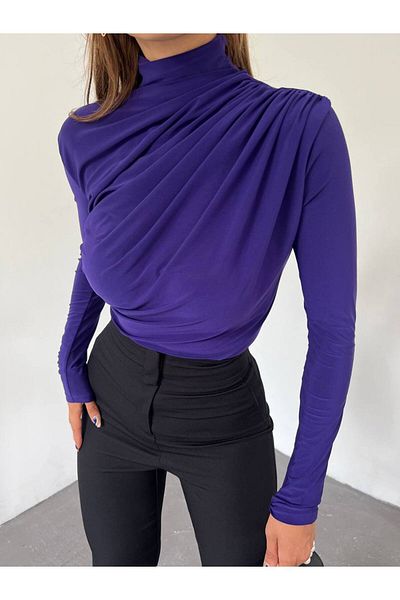 Fav Style Bluză de damă cu guler înalt, cu umeri și talie, cu mânecă lungă, mov