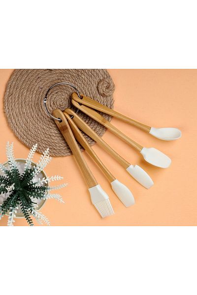 emir home shop Bamboo Handle Silicone Tip 5 Piece Mini Spatula Spoon Brush Set
