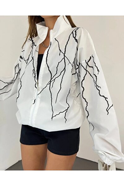 Mhm Unisex Paraşüt Kumaş Yıldırım Baskılı Oversize Beyaz Rüzgarlık Yağmurluk