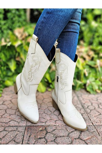 EPTC Women's Cream Leather Embroidered Zippered Western Cowboy Boots Scalloped Feet Should Buy 1 Size Larger