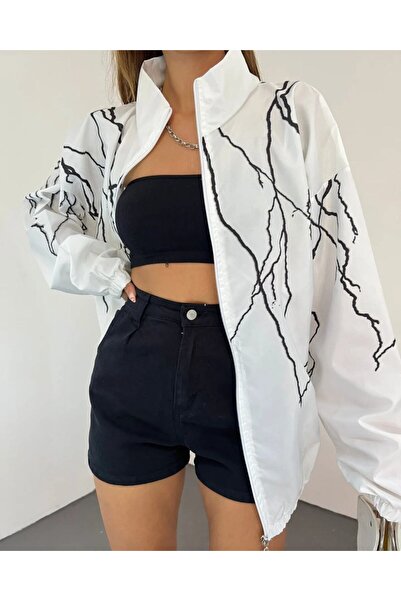 Mhm Unisex Paraşüt Kumaş Yıldırım Baskılı Oversize Beyaz Rüzgarlık Yağmurluk