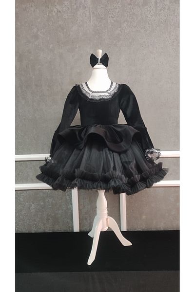 NGS STİL Black Velvet Long Sleeve Ruffle Dress with Skirt