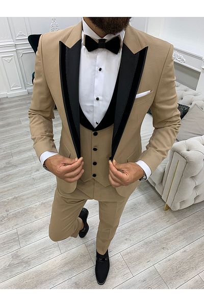 LONATOLİA Men's Tuxedo Groom Suit Glitter Detailed Swallow Collar Italian Cut Slim Fit Jacket Vest Pants Bow Tie