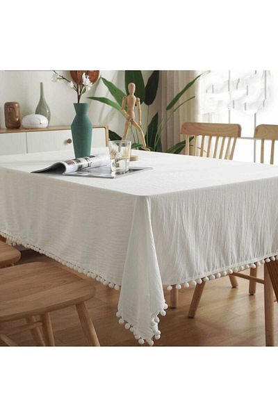 eyma home 100% cotton kumas pom-pom tablecloth (160*220cm)