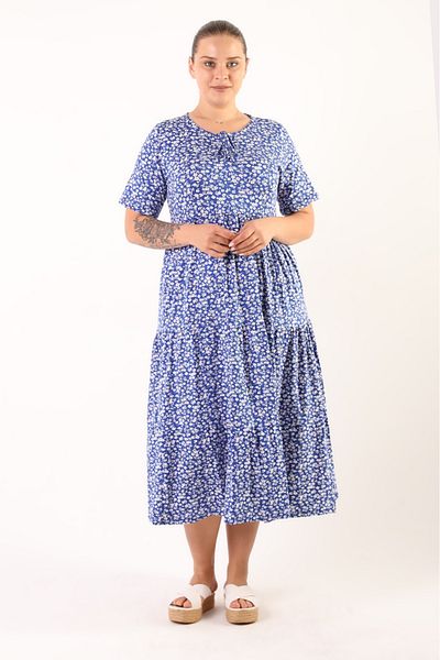 SENTEX rochie de dama cu maneca scurta cu volane cu 3 straturi albastru alb cu flori