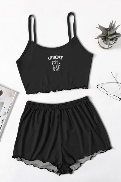 PEMBİŞ HOMEWEAR Blacked Kitticorn Askılı Şort Takımı
