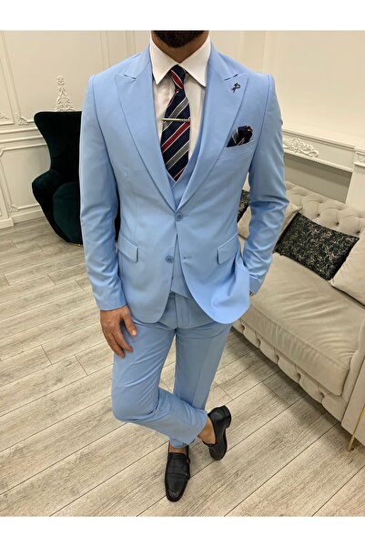 LONATOLİA Erkek Takım Elbise Kırlangıç Yaka İtalyan Kesim Slim Fit Ceket Yelek Pantolon