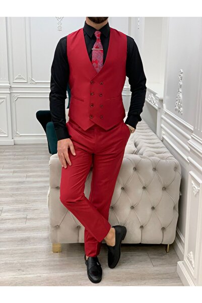 LONATOLİA Erkek Takım Elbise Kırlangıç Yaka İtalyan Kesim Slim Fit Ceket Yelek Pantolon