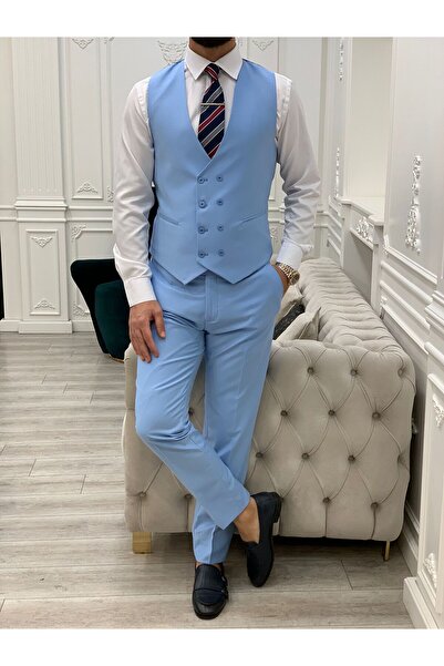 LONATOLİA Erkek Takım Elbise Kırlangıç Yaka İtalyan Kesim Slim Fit Ceket Yelek Pantolon