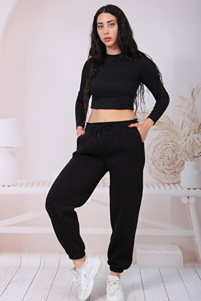 CENEN Γυναικείο μαύρο ψηλόμεσο Jogger Sweatpants