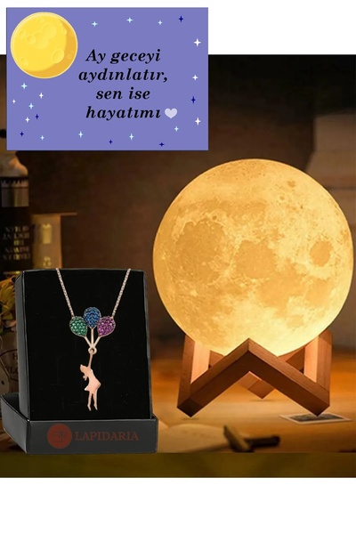 Lapidaria 3d Ahşap Standlı Ay Gece Lambası Uçan Balonlu Kız Kolye Hediyeli Kü...