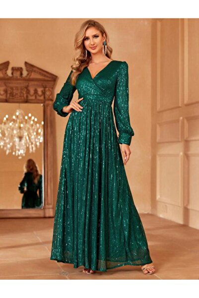 Styling Park Pul Payet V Yaka Uzun Kol Maxi Abiye Elbise