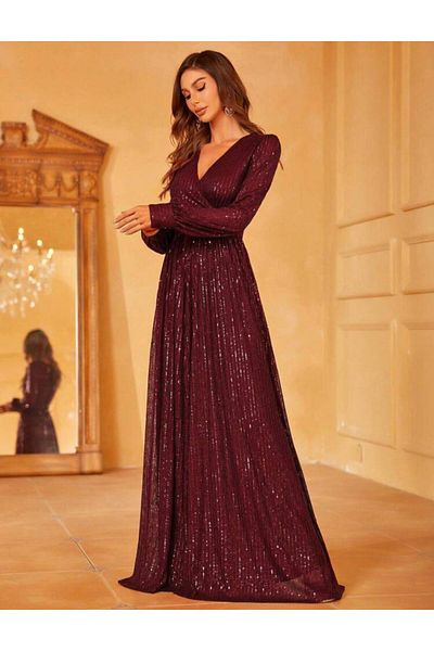 Styling Park Sequin V Neck Long Sleeve Maxi Evening Dress